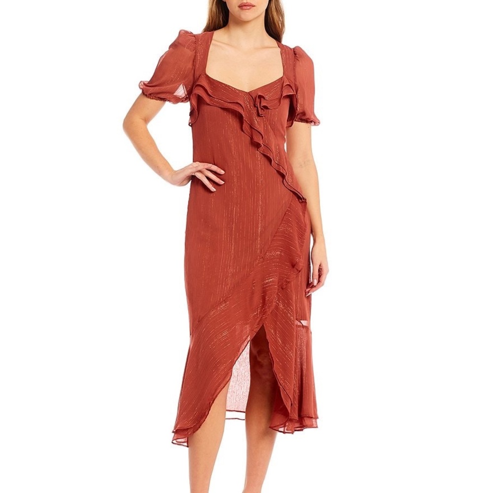 NWT WAYF Metallic Square Neck Puff Sleeve High-Low Open Back Faux Wrap Midi SM